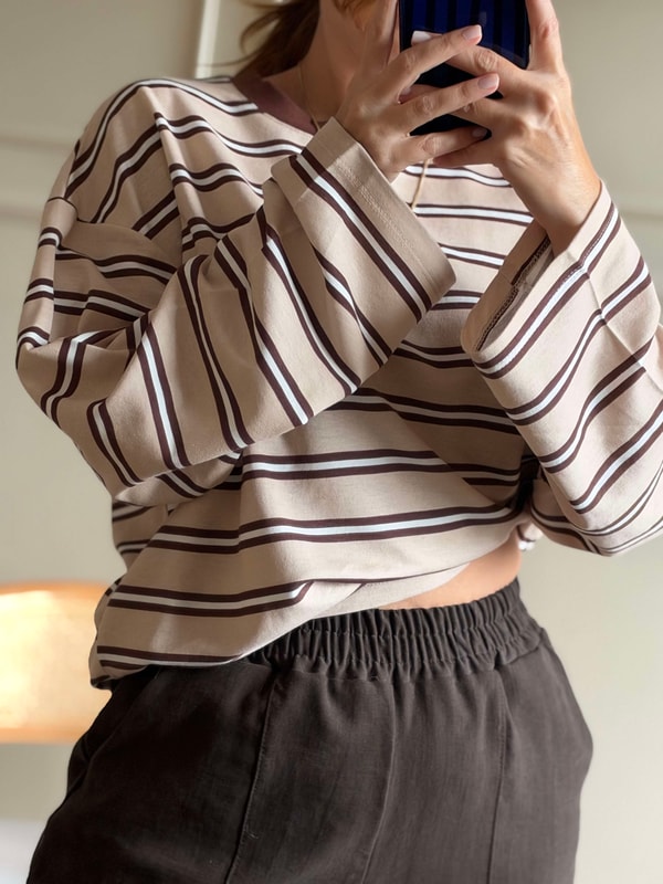 Uzun Kollu BluzBisiklet Yaka Çizgili Oversize Bluz - KremKahve