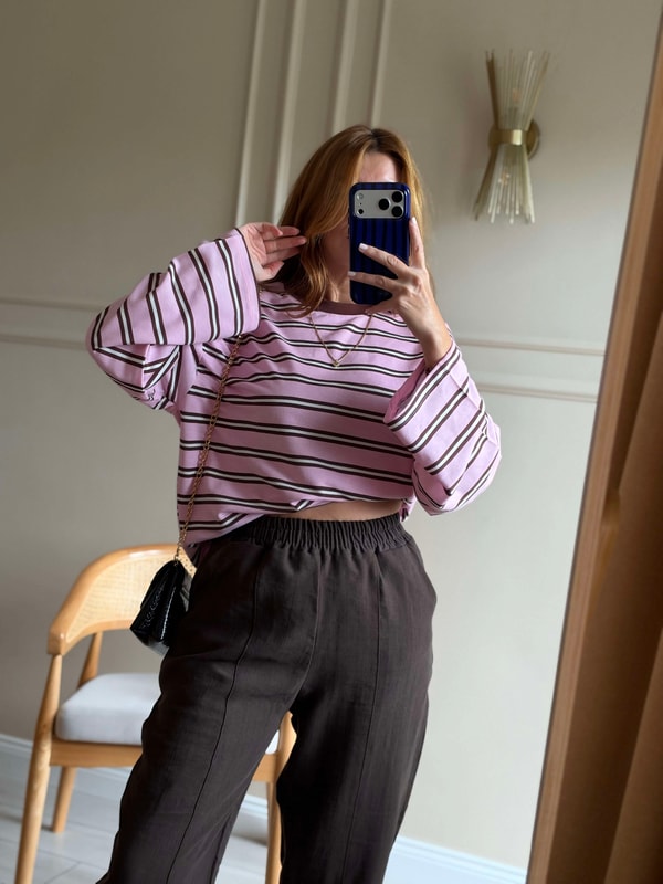 Uzun Kollu BluzBisiklet Yaka Çizgili Oversize Bluz - PembeKahve
