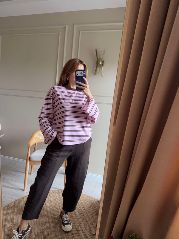 Uzun Kollu BluzBisiklet Yaka Çizgili Oversize Bluz - PembeKahve