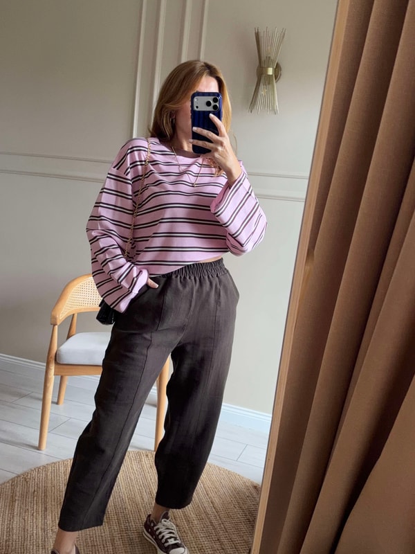 Uzun Kollu BluzBisiklet Yaka Çizgili Oversize Bluz - PembeKahve