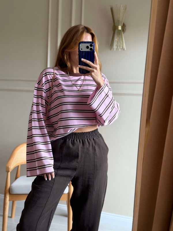 Uzun Kollu BluzBisiklet Yaka Çizgili Oversize Bluz - PembeKahve
