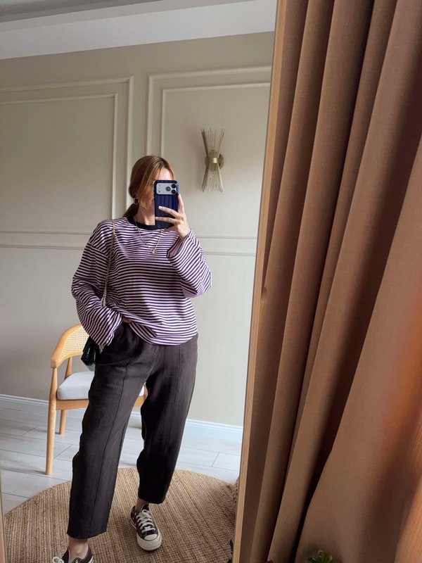 Uzun Kollu BluzBisiklet Yaka Çizgili Oversize Bluz - PembeSiyah