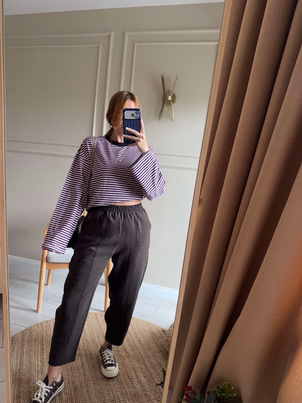 Uzun Kollu BluzBisiklet Yaka Çizgili Oversize Bluz - PembeSiyah