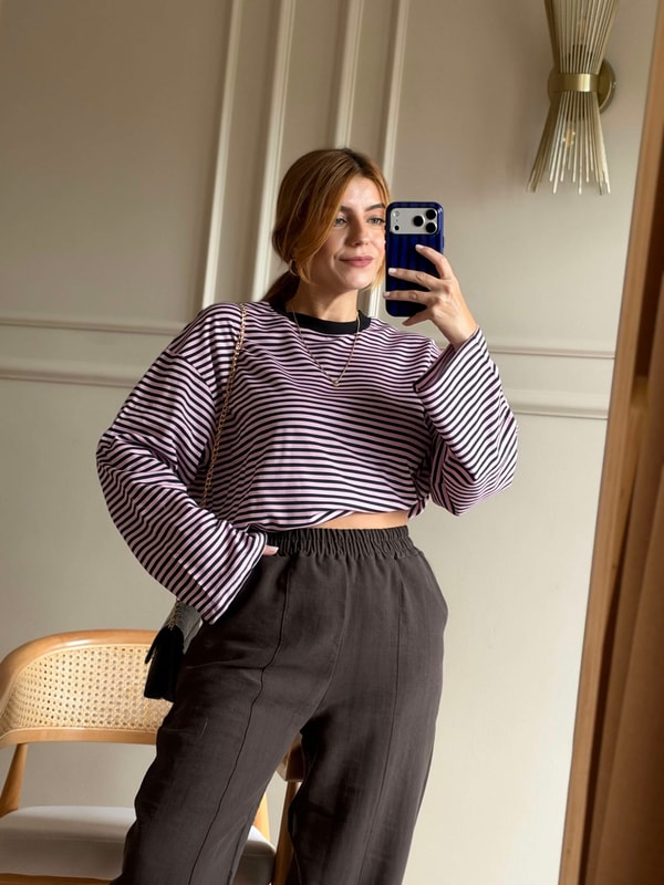Uzun Kollu BluzBisiklet Yaka Çizgili Oversize Bluz - PembeSiyah