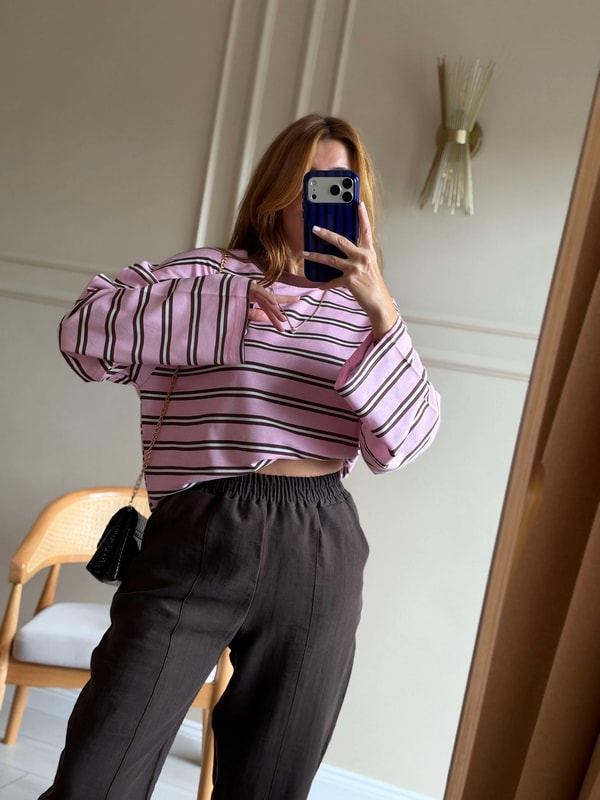 Uzun Kollu BluzBisiklet Yaka Çizgili Oversize Bluz - PembeKahve