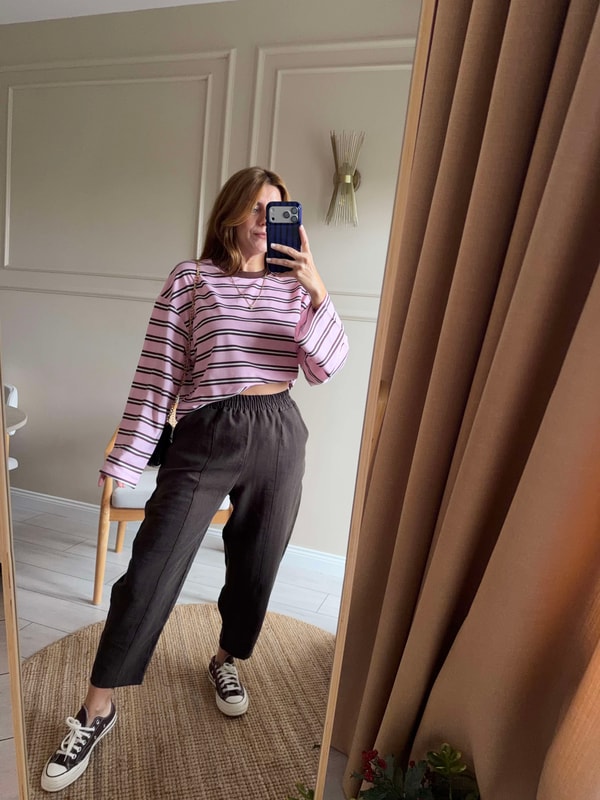 Uzun Kollu BluzBisiklet Yaka Çizgili Oversize Bluz - PembeKahve