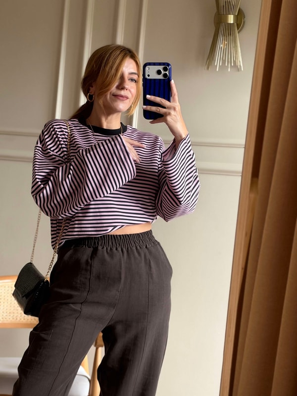 Uzun Kollu BluzBisiklet Yaka Çizgili Oversize Bluz - PembeSiyah
