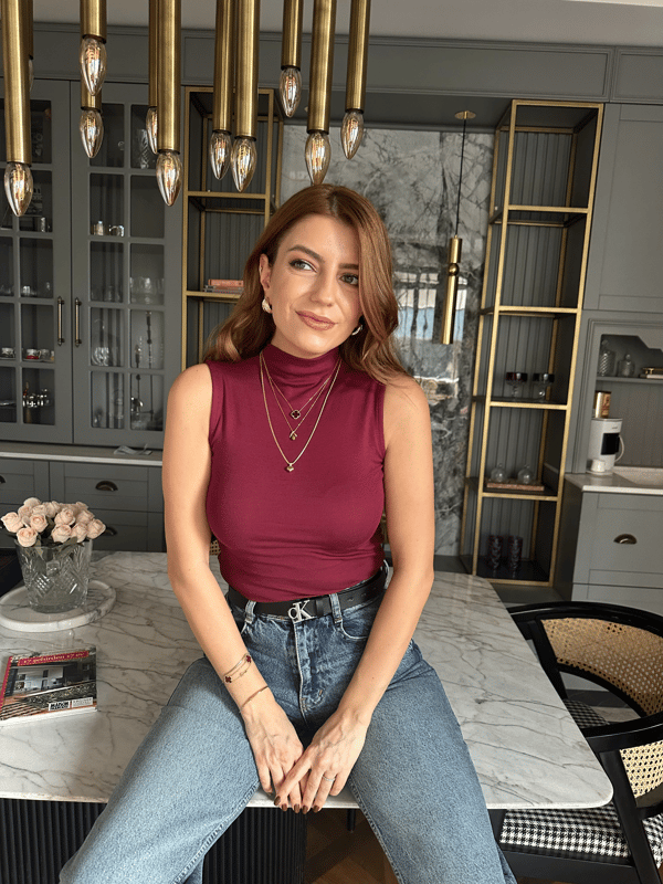 Sıfır Kol BluzBordo Dik Yaka Pamuk Bluz