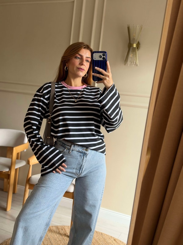 Uzun Kollu BluzBoru Kol Çizgili Oversize Bluz - Siyah