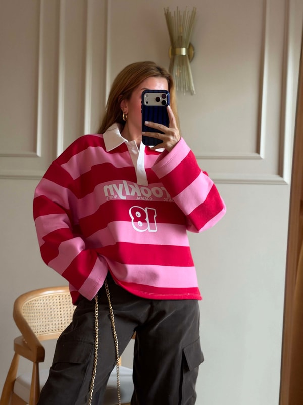 Polar SweatshirtBrooklyn Baskılı Polo Yaka Sweatshirt - Pembe