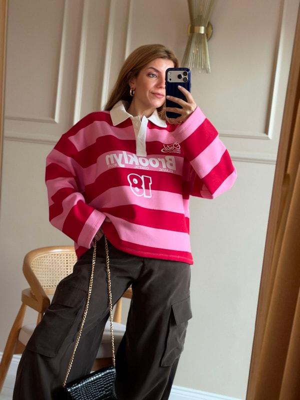 Polar SweatshirtBrooklyn Baskılı Polo Yaka Sweatshirt - Pembe