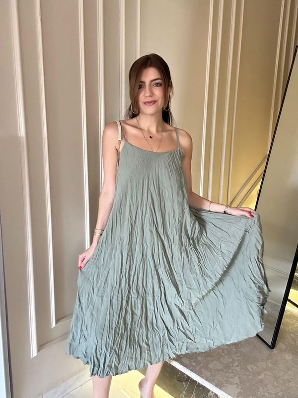 Askılı ElbiseÇağla Yeşili Kırışık İçi Astarlı Modal Elbise