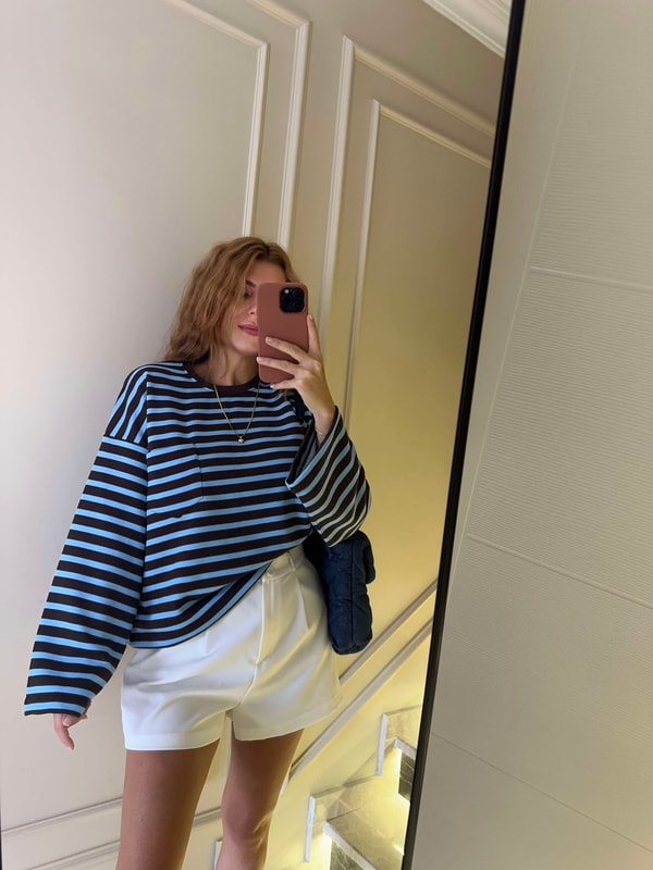 Bisiklet Yaka SweatshirtCep Detay Çizgili Oversize Sweatshirt - MaviKahve