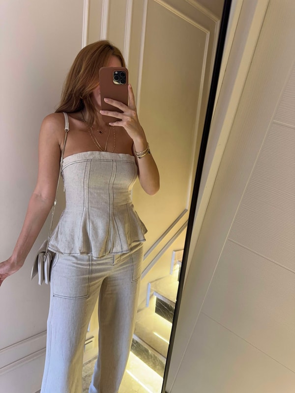Pantolonlu TakımÇizgi Detay Keten Takım