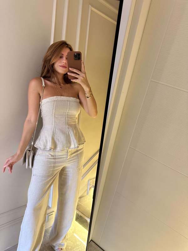 Pantolonlu TakımÇizgi Detay Keten Takım