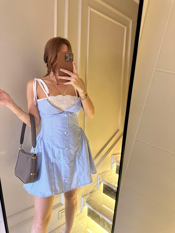 Askılı ElbiseDantel Detay Çizgili Mini Elbise