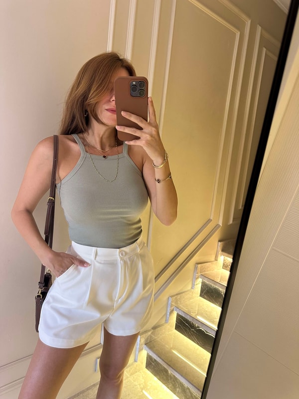 Crop BluzHaki Kare Askı Biyeli Crop