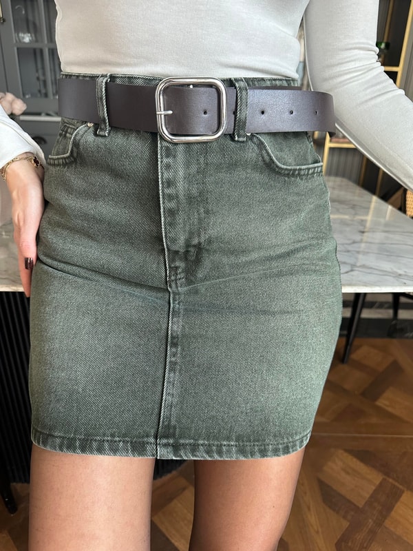 Mini EtekHaki Taş Yıkamalı Kot Etek