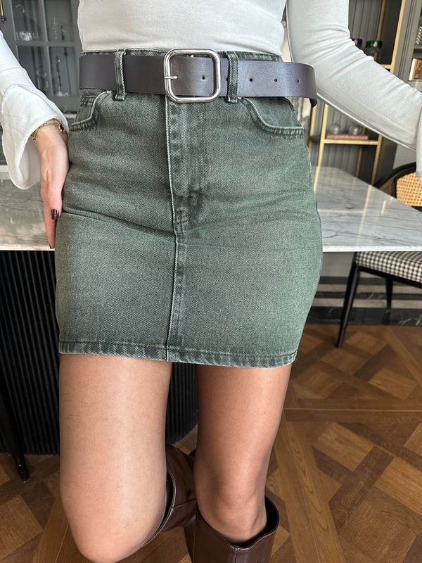 Mini EtekHaki Taş Yıkamalı Kot Etek