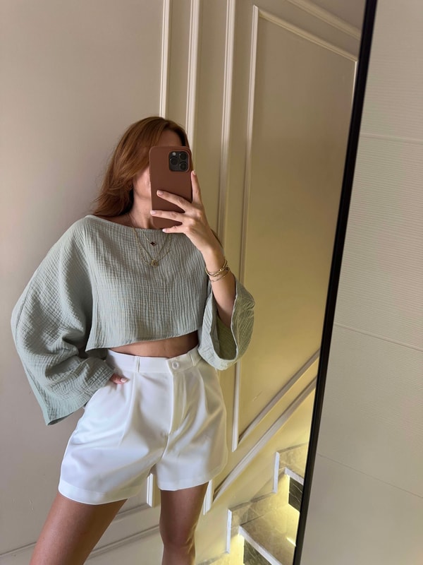 Uzun Kollu BluzHaki Yarasa Kol Crop Bluz