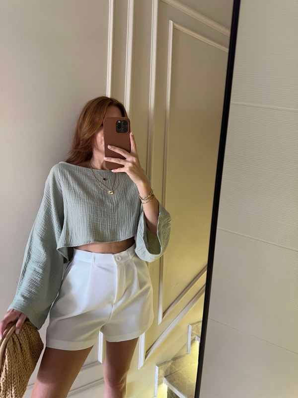 Uzun Kollu BluzHaki Yarasa Kol Crop Bluz