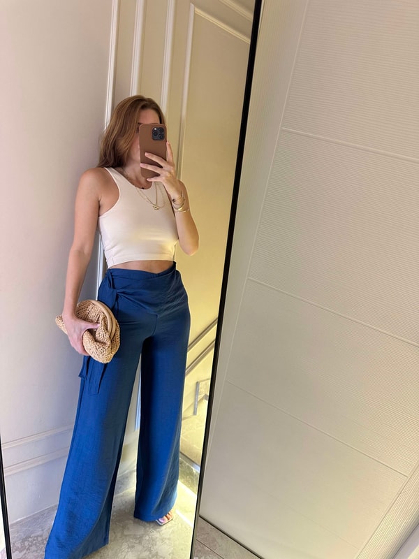 Pantolonİndigo Mavi Fiyonklu Keten Pantolon