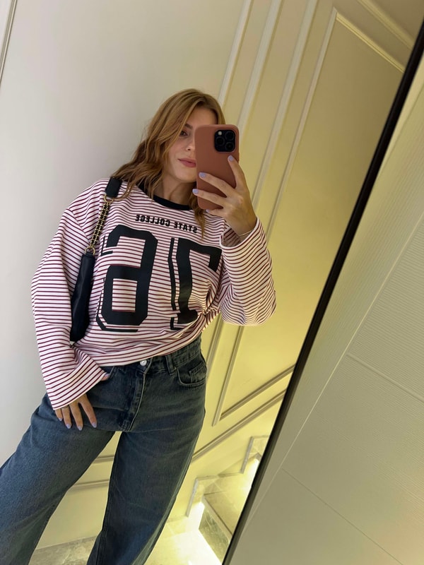 Baskılı SweatshirtKadın 76 Baskılı Çizgili Kolej Sweatshirt