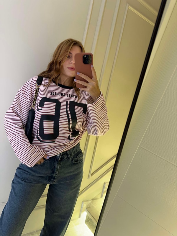 Baskılı SweatshirtKadın 76 Baskılı Çizgili Kolej Sweatshirt