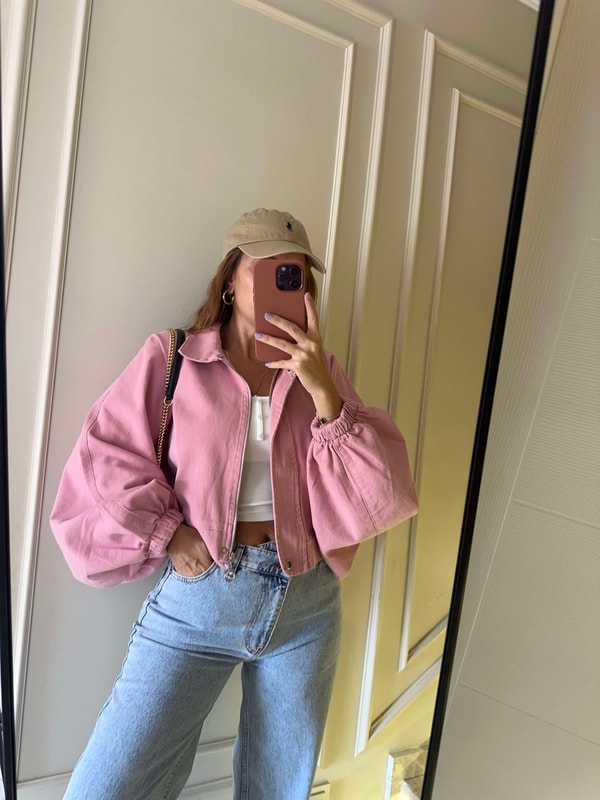 CeketKadın Balon Kol Kot Ceket - Pembe