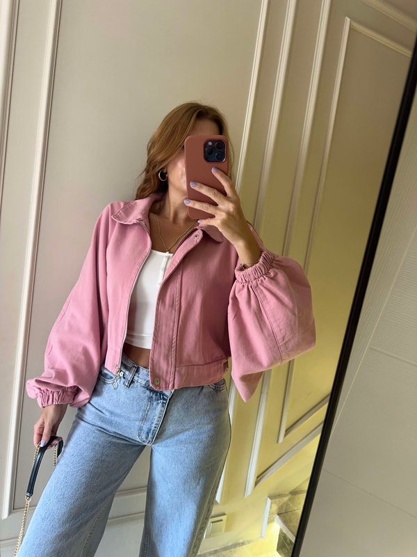 CeketKadın Balon Kol Kot Ceket - Pembe