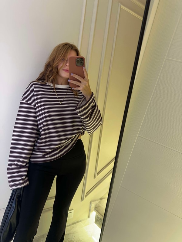 Bisiklet Yaka SweatshirtKadın Bis Yaka Çizgili Sweatshirt - BejBordo