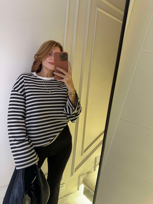 Bisiklet Yaka SweatshirtKadın Bis Yaka Çizgili Sweatshirt - BejSiyah