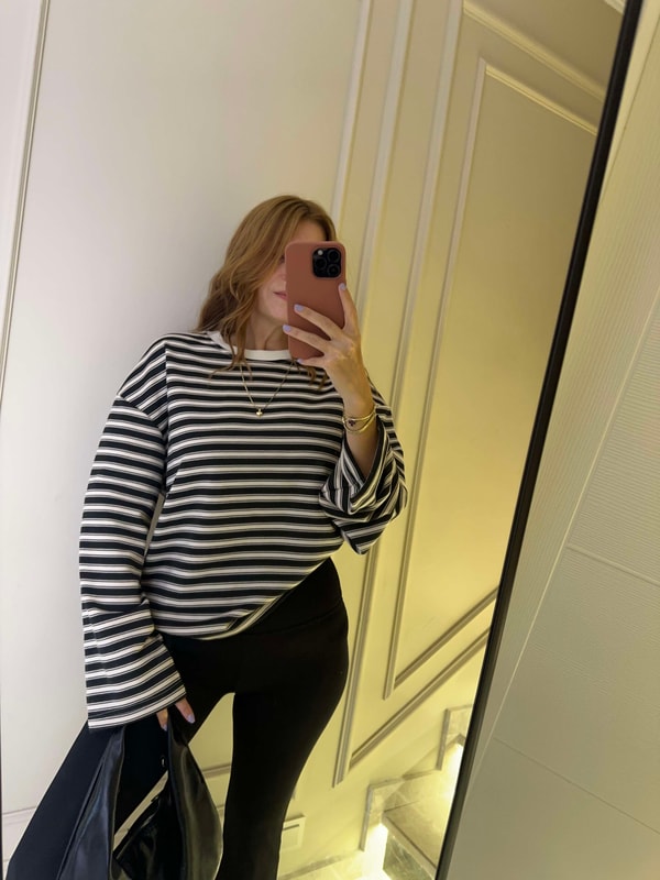 Bisiklet Yaka SweatshirtKadın Bis Yaka Çizgili Sweatshirt - BejSiyah