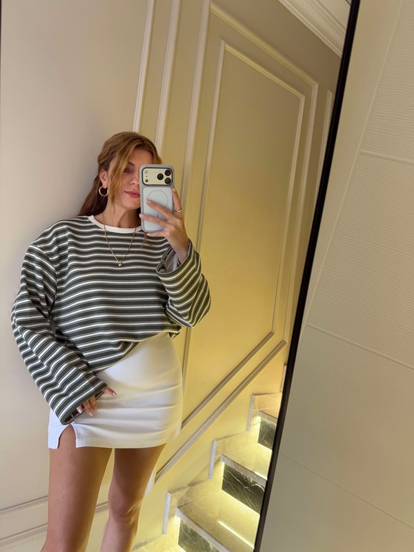 Bisiklet Yaka SweatshirtKadın Bis Yaka Çizgili Sweatshirt - HakiBeyaz
