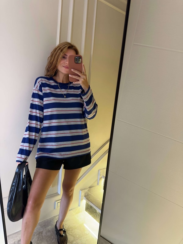 Bisiklet Yaka SweatshirtKadın Bisiklet Yaka Çizgili Sweatshirt - Lacivert