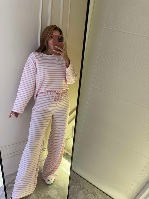 Alt Üst TakımKadın Bisiklet Yaka Çizgili Takım - Pembe