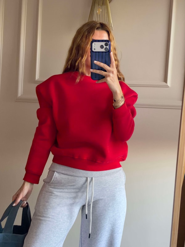 SweatshirtKadın Bisiklet Yaka Şardonlu Sweatshirt - Kırmızı