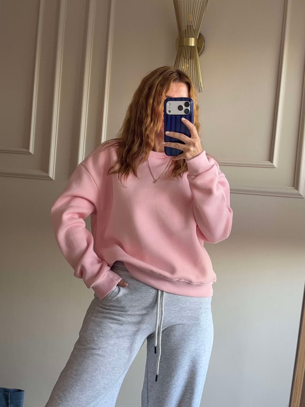 SweatshirtKadın Bisiklet Yaka Şardonlu Sweatshirt - Pembe