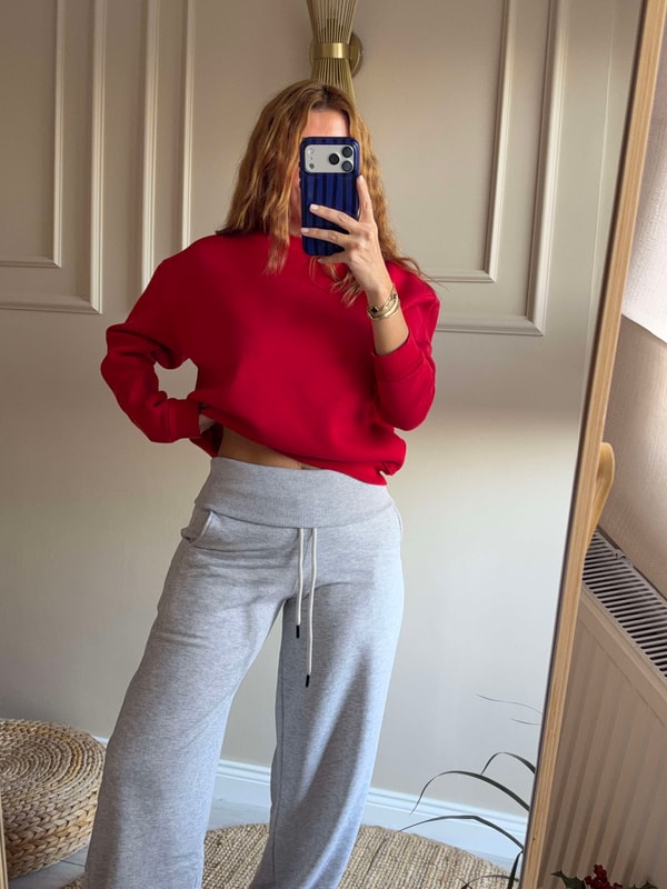 SweatshirtKadın Bisiklet Yaka Şardonlu Sweatshirt - Kırmızı