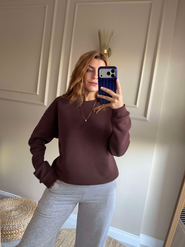 SweatshirtKadın Bisiklet Yaka Şardonlu Sweatshirt - Acı Kahve