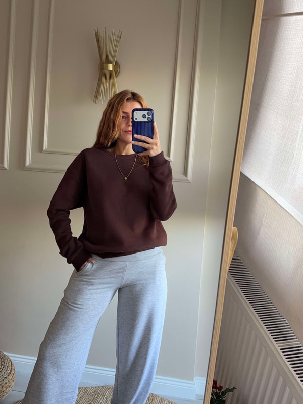 SweatshirtKadın Bisiklet Yaka Şardonlu Sweatshirt - Acı Kahve