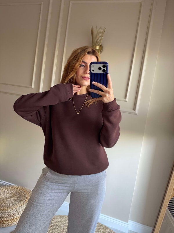 SweatshirtKadın Bisiklet Yaka Şardonlu Sweatshirt - Acı Kahve