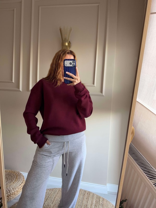 SweatshirtKadın Bisiklet Yaka Şardonlu Sweatshirt - Bordo
