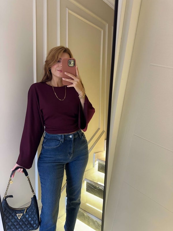 Uzun Kollu BluzKadın Bordo Yanı Büzgülü Uzun Kol Bluz