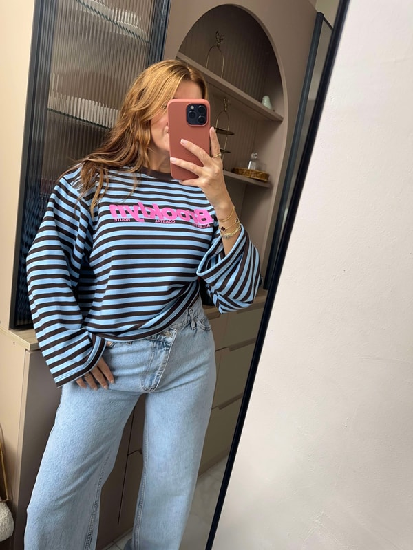 Bisiklet Yaka SweatshirtKadın Brooklyn Baskılı Çizgili Sweatshirt - Mavi