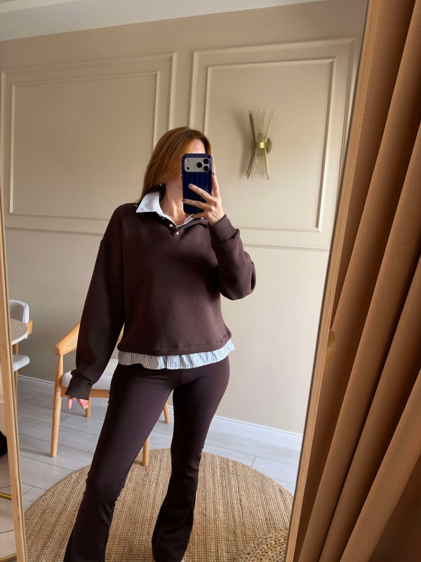 Polar SweatshirtKadın Çizgili Gömlek Yaka Sweatshirt - Acı Kahve