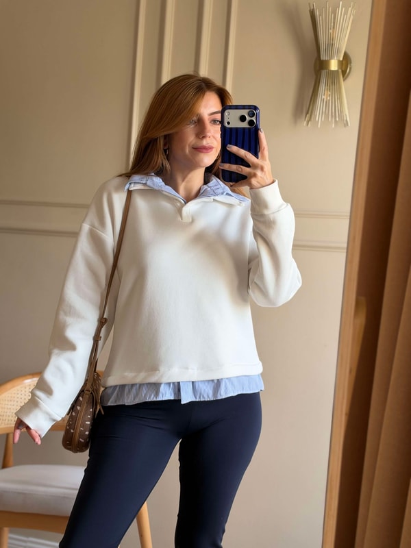 Polar SweatshirtKadın Çizgili Gömlek Yaka Sweatshirt - Beyaz