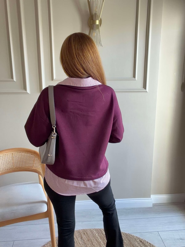 Polar SweatshirtKadın Çizgili Gömlek Yaka Sweatshirt - Bordo