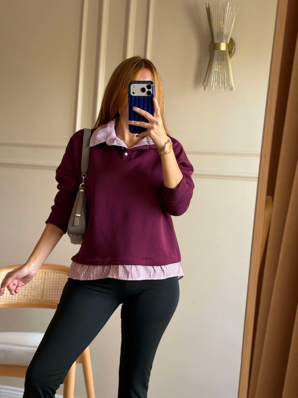 Polar SweatshirtKadın Çizgili Gömlek Yaka Sweatshirt - Bordo