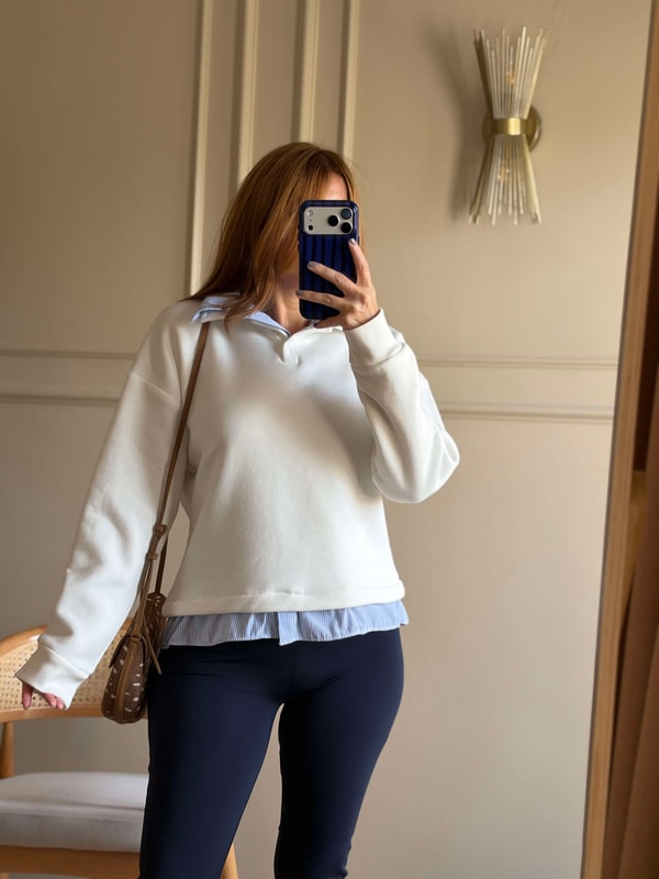 Polar SweatshirtKadın Çizgili Gömlek Yaka Sweatshirt - Beyaz